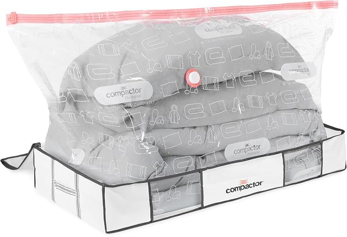 Compactor Under Bed Vacuum Storage Bag with Semi-Rigid Box, Closet Organizer, Vacuum Seal Bags for Clothing and Bedding, Fits All Vacuum and Nozzle Types, 190L, White, XL