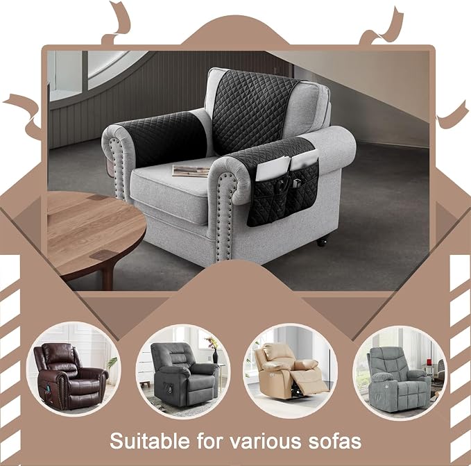 3-, 4-, or 5-Piece Quilted Recliner Armrest and Headrest Covers Set | Soft, water-resistant Six pockets organize remotes, phones, glasses and magazines quilted polyester, silicone backing