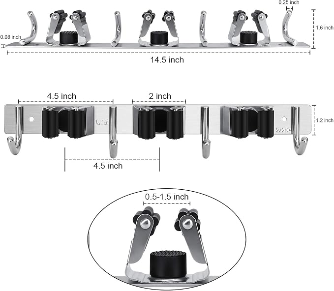Broom Hanger Wall Mounted, 2PCS Mop and Broom Holder Wall Mount Garage Organization and Storage Stainless Steel Kitchen Tool Organizer Wall Hanger for Laundry Room Garden Garage Closet Kitchen | Stainless Steel Organizer for Garage, Kitchen, Closet & L...