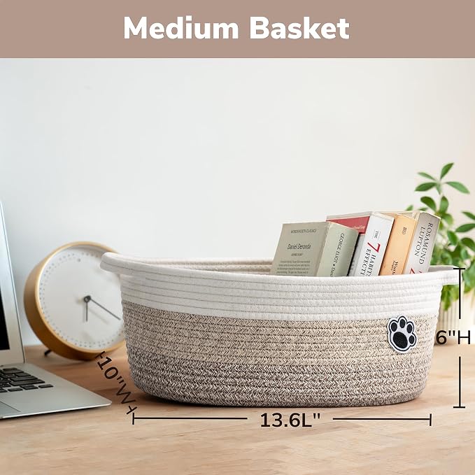 Medium Woven Rope Dog Toy Basket with Paw Print, Mixed Brown | 13.6"x 10" x 6", Cotton Rope Dog Toy Bin & Box, Gift Basket Empty With Handles, Storage Basket for living Room Bedroom