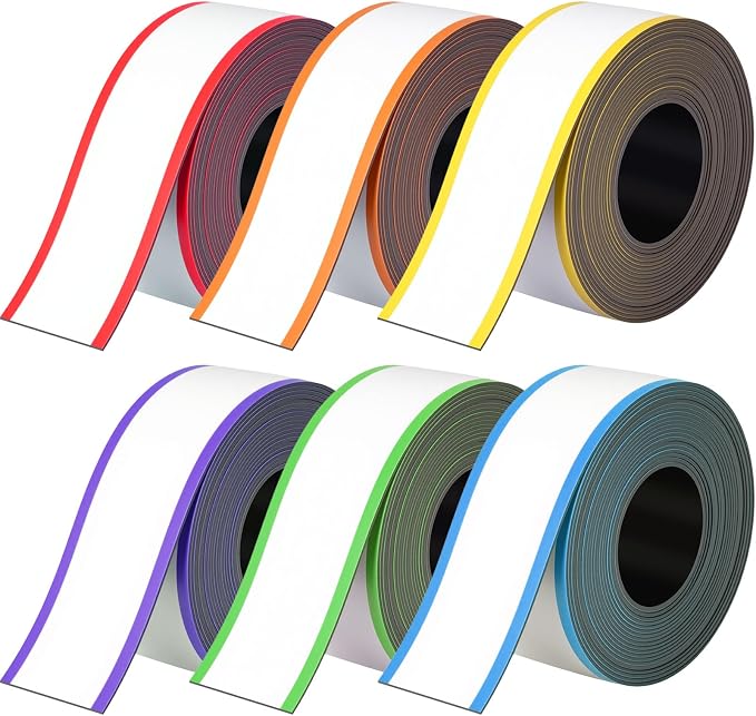 6 Pcs Dry Erase Magnetic Tapes for Classroom Colored Rainbow Adhesive Magnetic Strips Blank Sticky Labels Writable Sheet for Back to School Whiteboard Refrigerator DIY(1 in X 9.8 ft,Vivid)
