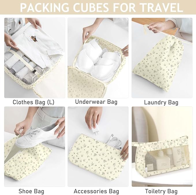 KPX 8 Set Packing Cubes for Travel, Luggage Packing Organizers Accessories Large Toiletries Bag for Clothes Shoes Cosmetics (8Set-Gray Flower)