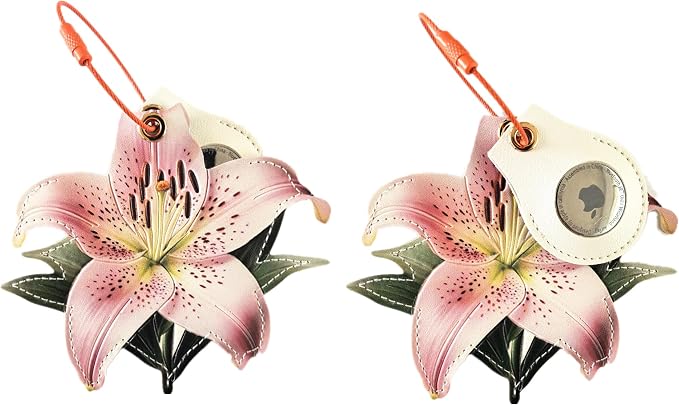 PU Leather Luggage Tag with Airtag Holder Case Set and Name ID Label | Hidden Compartment for AirTag Travel Suitcase Tracking Case with Stainless Steel Loop,Cute Fruit Plant Animals Styles,Lily