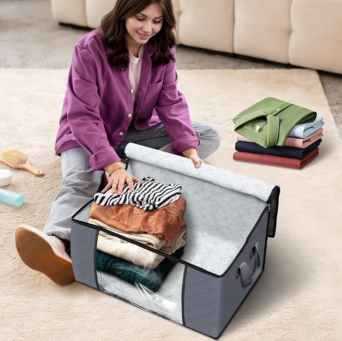 3 Pack Storage Bags for Clothes Blanket Storage Bins with Lids | Foldable Closet Organizers with Zippers,Window and Handles,Fabric Storage Bins for Sweater,Comforter,Bedding,Dorm essentials