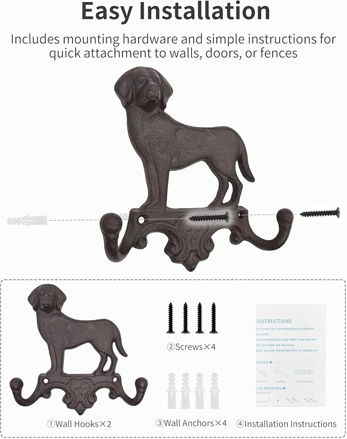 Cast Iron Dog Wall Hooks for Hanging, Heavy Duty Dog Leash Holder for Wall Mount Coat Hooks Decorative Key Hanger Vintage Farmhouse Entryway Cute Animal Decor Rustic Brown 2 Pack