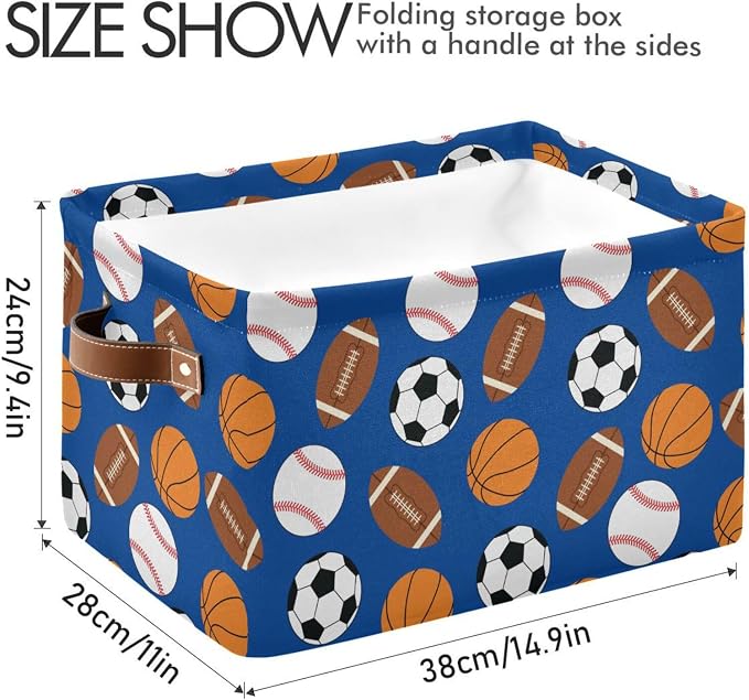 DOMIKING Rectangular Storage Bin Football Baseball Sports Print Storage Baskets with Handles Toy Bins Shelf Basket for Nursery Room Kids Pets Toy Closet
