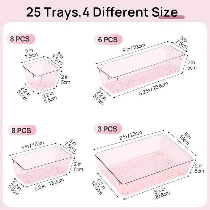 Vtopmart 25 Pack Plastic Drawer Organizers with Non-slip Rubber Pads | 4-Size Versatile Makeup Organizer, Storage Containers Small Bins for Makeup, Jewelries, Bedroom, Kitchen Utensils and Office