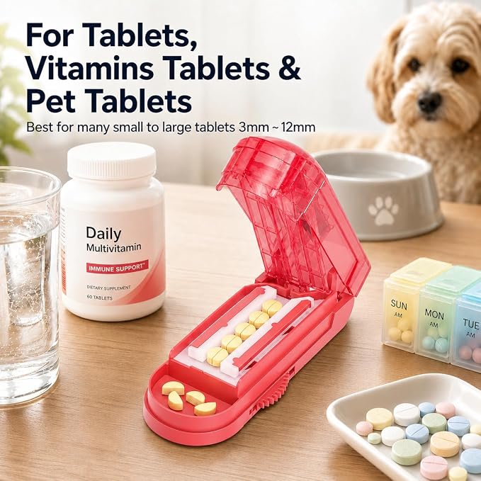 ONE PIX Pill Cutter Splitter for Small and Tiny Pills, Multiple Pill Splitter with Centering Device & Hidden Blade, Adjustable Tablet Cutter for Large Pills, Seniors, Pets, Red