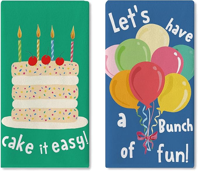 Funny Birthday Cake It Easy Kitchen Dish Towels Set of 2, Let's Have a Bunch of Fun Colorful Balloon Drying Hand Towel Baking Cooking Cloth, Celebration Party Bathroom Home Decoration 18''x26''