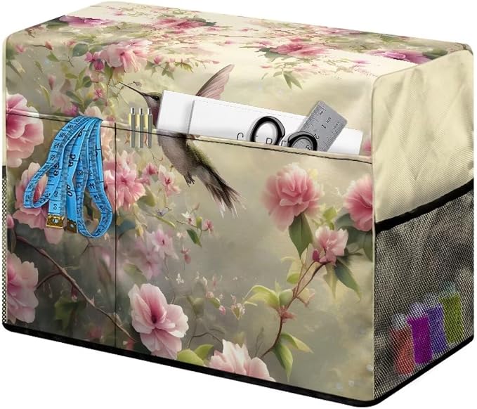 Hummingbird Flower Patterned Sewing Machine Cover Fit Standard Sewing Machines, Features a Convenient Mesh Pocket for Accessories, Adds a Touch of Spring Flair to Your Sewing Space