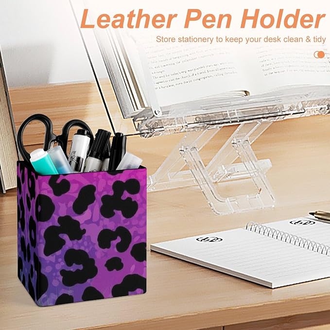 PU Leather Pen Pencil Holder Hot Pink Purple Cheetah Leopard Print Pencil Organizer Desktop Accessories Square Stationery Container Box for Office Work