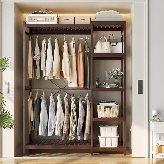 Bamboo Closet System, 41.4” Wide Clothing Rack, 78.8”H, Espresso | Freestanding Clothes Rack with 7 Adjustable Shelves, 2 Rods, 4 Hooks, Open Wardrobe Organizer, Wood Garment Rack for Bedroom
