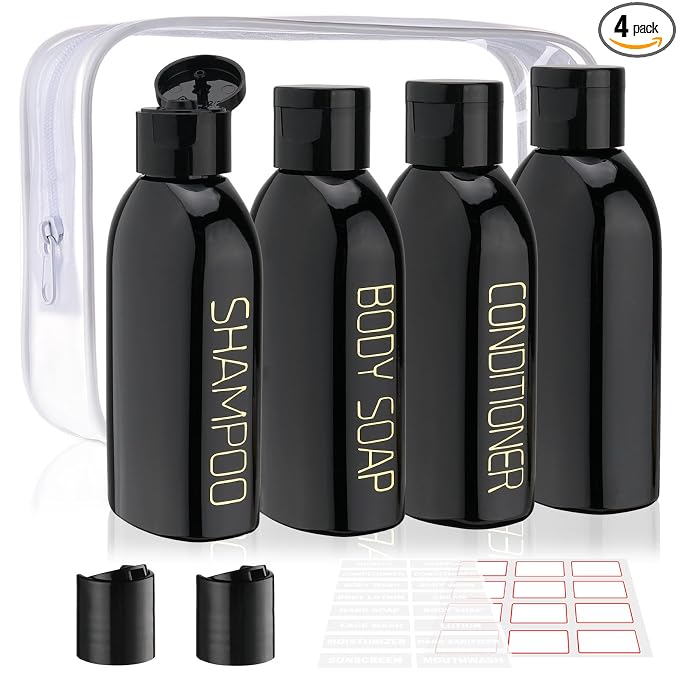 Cosywell Travel Bottles for Toiletries 4pcs 3.4oz Travel Shampoo bottles | TSA Approved, Black Travel Size Containers, Leak Proof, Small Plastic Squeeze Bottles with Flip Cap, and a Toiletry Bag