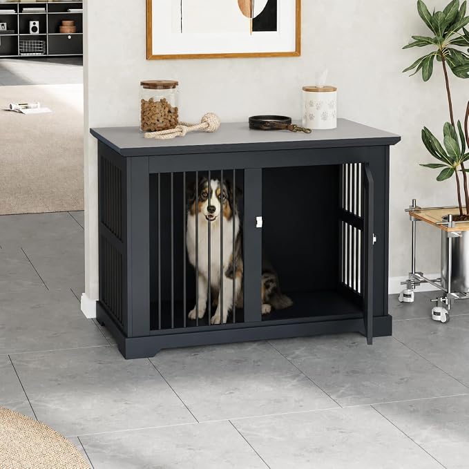 44" Wooden Dog Crate Furniture,Large Kennel Pet Cage End Table for Indoor | for XXL XL Medium Dogs, Grey, Fits Living Room Bedroom, Heavy Duty Steel Frame with Lock 100 lbs Cap, 100 lbs Top.