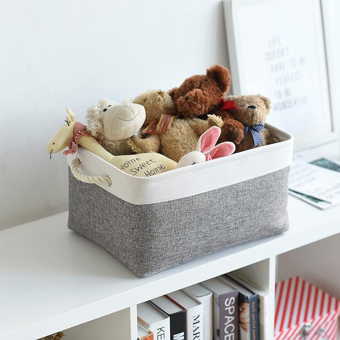 Organization and Storage Basket for Organizing- 16x12x8 inch 1 Pack Fabric Storage Cubes, Collapsible Storage Bins for Shelves Organizer Gift Closet Cloth Toy (White & Grey)