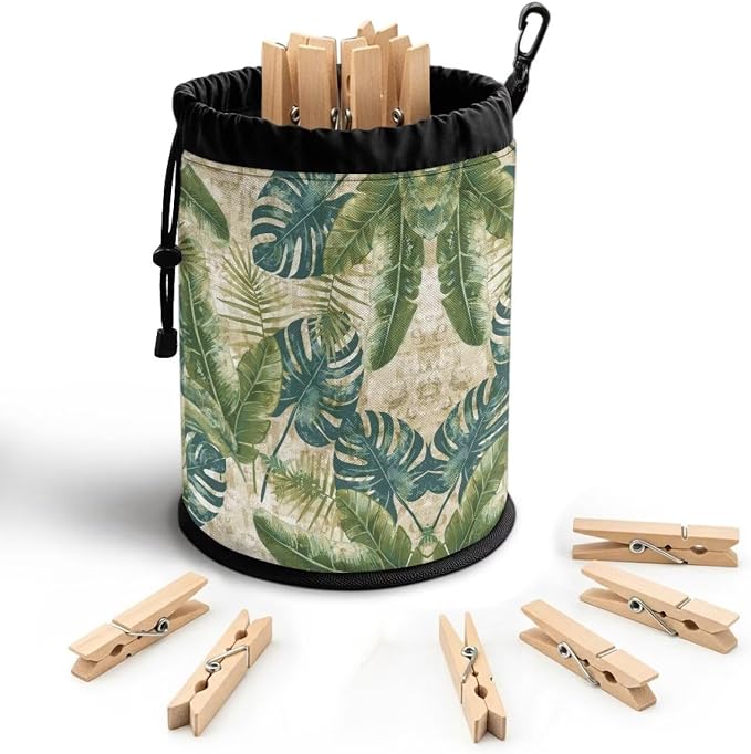 Tropical Leaf Clothespin Holder Bag, Drawstring Closure Laundry Accessory Organizer, Portable Peg Storage Pouch for Drying Rack, Perfect for Home, Camping & Travel