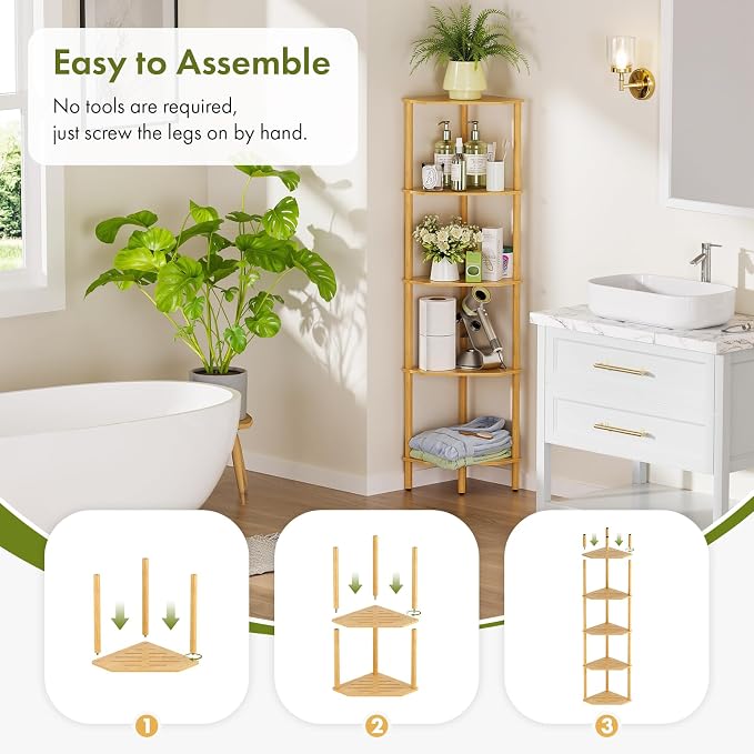 Corner Shelf, 5 Tier Bamboo Corner Bookshelf, 54" Tall Narrow Bookcase, Plant Stand, Corner Display Rack, Shower Caddy, Display Standing Shelf Organizer for Bedroom, Living Room, Kitchen, Apartment