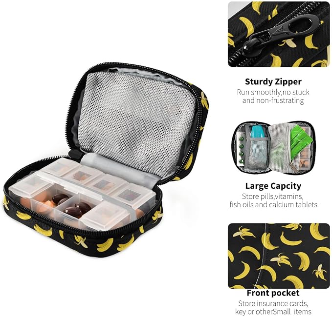 Ollabaky Yellow Banana Pill Organizer Travel Pill Cases Bag Portable Pill Container 7 Days Pill Box Organizer Vitamin Supplement Holder with Zipper for Family Business