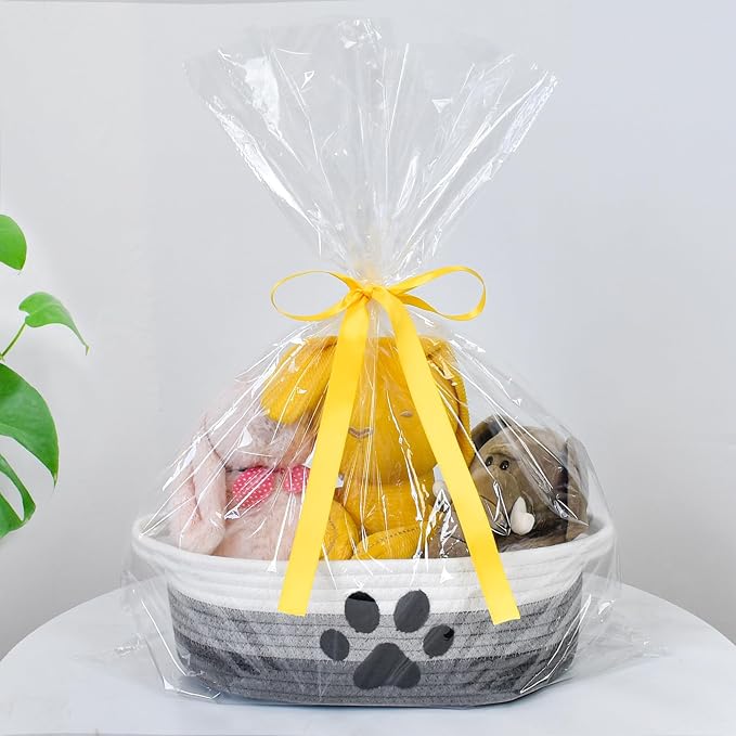 ABenkle Small Woven Basket with Handle, Cute Dog Paw Baskets for Gifts Empty, Decorative Rope Woven Storage Dog Toy Basket, Nursery Baskets for Baby Shower, 12" x 8" x 5"