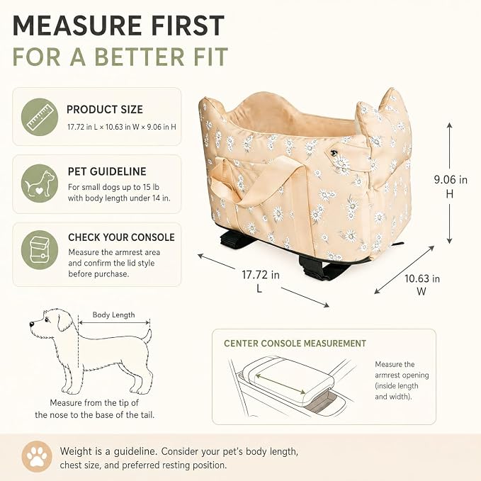 Dog Center Console Car Seat for Small Dogs 5-15 lbs, Apricot | Portable Armrest Puppy Booster with Anti-Collapse Support, Washable Fluffy Cushion and Pillow