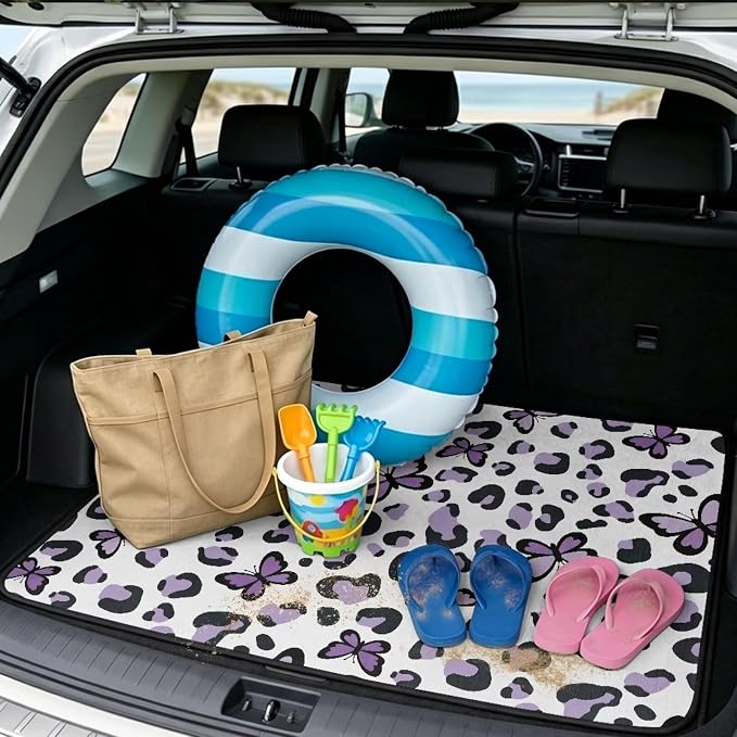 Leopard Print Pet Friendly Car Trunk Mat 29" x 39", Butterfly Pattern Non Slip Cargo Liner for Cars Trucks, All Weather Washable Durable Rear Trunk Liners