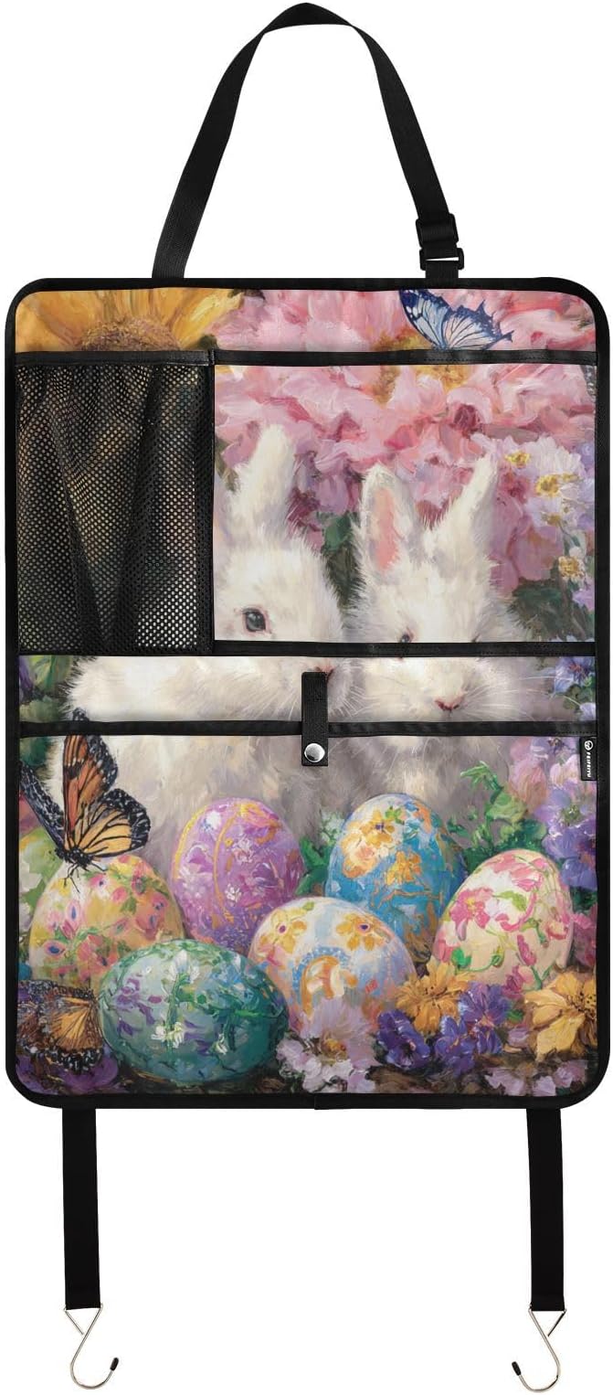 2 Pack Back Seat Car Organizer with Storage Pockets Kick Mats Back Seat Protector Hanging Car Organizer Automotive Seat Back Cover Organizers Easter Bunny Eggs Sunlowers