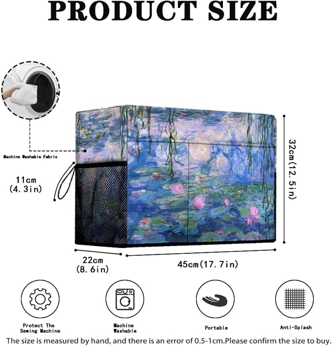 Water Lilies Print Sewing Machine Cover Oil Painting Style Duty Protective Dust Cover with Storage Pockets for Most Standard Singer & Brother Sewing Machines and Accessories(Blue)