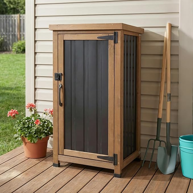 Outdoor Storage Cabinet Waterproof with Metal Top, Wooden Potting Bench Table Tool Organizer with Adjustable Shelf for Patio Backyard Garden
