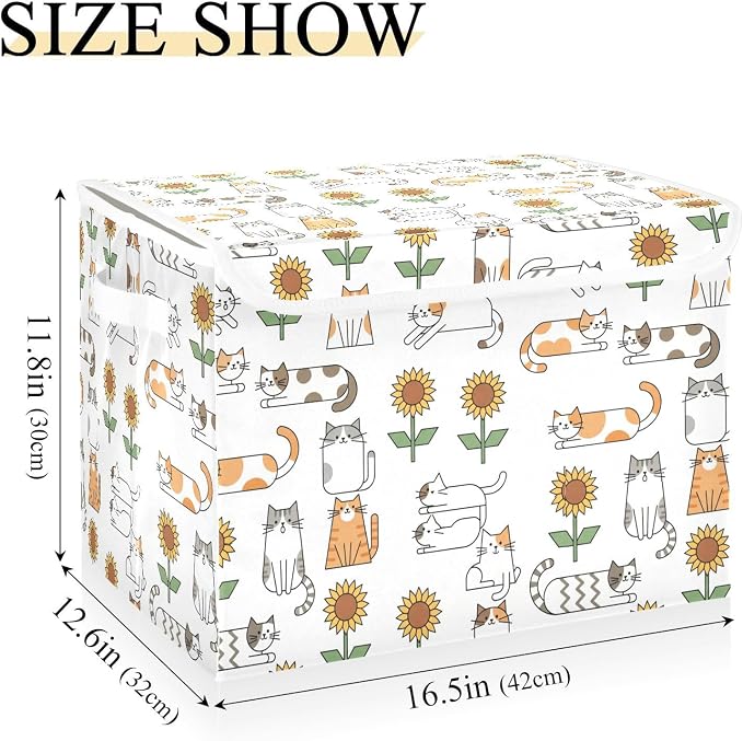 Cat Sunflower Fabric Storage Bins with Lid Foldable Storage Boxes Baskets | Decorative Storage Boxes, Dust-Proof Flip Top, Reinforced Handles, For Home & Bedroom, Clothes & Toy Box, Oxford Fabric Print