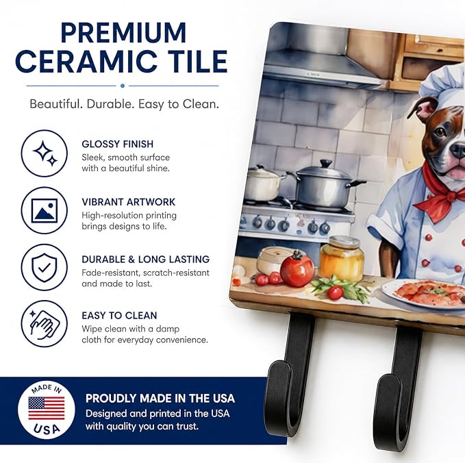Caroline's Treasures Staffordshire Bull Terrier The Chef Leash or Key Holder Wall Hooks, Key Hooks Holder, Coat Rack Wall Mount, Coat Hooks, Hooks for Hanging Keys, Towels, Aprons, Leashes | Staffordshire Bull Terrier The Chef artwork on ceramic tile w...