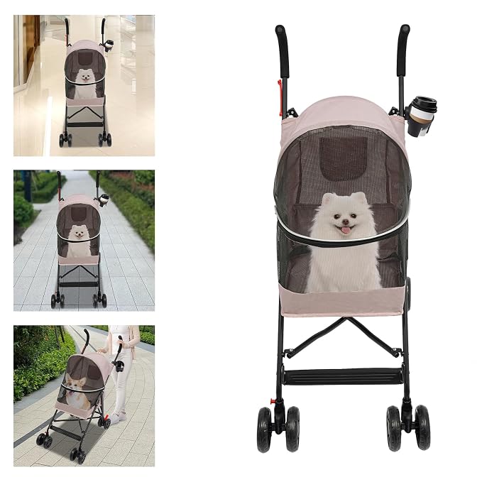 2 Wheels Pet Stroller, Foldable Pet Strolling Cart with Storage Basket and Cup Holder, Puppy Kitty Stroller with Weather Cover, Travel Gear for Medium Small Dogs and Cats Under 22lbs (Pink)
