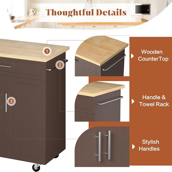 JY QAQA 26" Kitchen Island on Wheels with Storage Cabinet Kitchen Cart Cabinet with Shelves, Cart Handle for Towel Rack or Free Mobility, Portable Islands for Kitchen,Brown