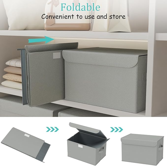 Storage Bin with Lid, Closet Boxes, 4 Pack, Grey, 10.2x7.9x6.7 In | Fabric Clothing Basket with Cover, Collapsible Stackable Organizer Cubes with 2 Handles, for Closets and Bathroom Vanities
