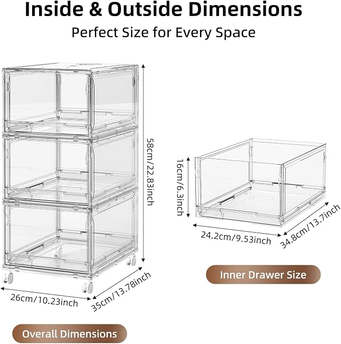 Large Clear Storage 3 Drawer Organizer with Wheels for Closet | Plastic Drawer Organizer, Storage Bins with Drawers, Dustproof Rolling Cart Bedroom, Bathroom, Home Office, and Dorm Rooms