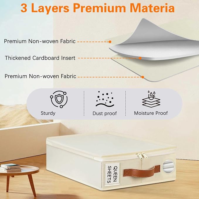 GhvyenntteS 6 Pack Sheet Organizers and Storage, Foldable Bed Sheet Organizers and Storage with Zipper, Handle, Window and Label (Queen & King Size) | Foldable 800D Thickened Fabric, Clear Window & Labels, Leather Handle, Dust & Moisture Proof, Fits Ki...