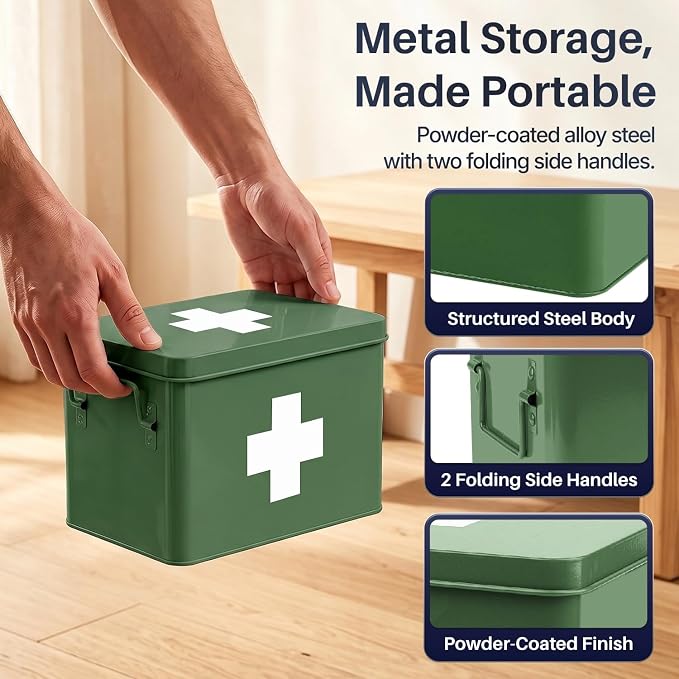 Flexzion Large Metal First Aid Box Empty, 8.5-Inch, Green with White Cross | Vintage Medicine Box and First Aid Storage Organizer with Removable Tray and Dividers; Empty Box Only, Supplies Not Included