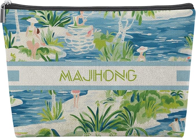 Summer Blue and Green Beach Empty Mahjong Tile Bag 13x7.8 Inch, | Boho Printed Portable Travel Case Organizer Zipper Pouch for American Mahjong Tiles Game Night Accessories and Gifts