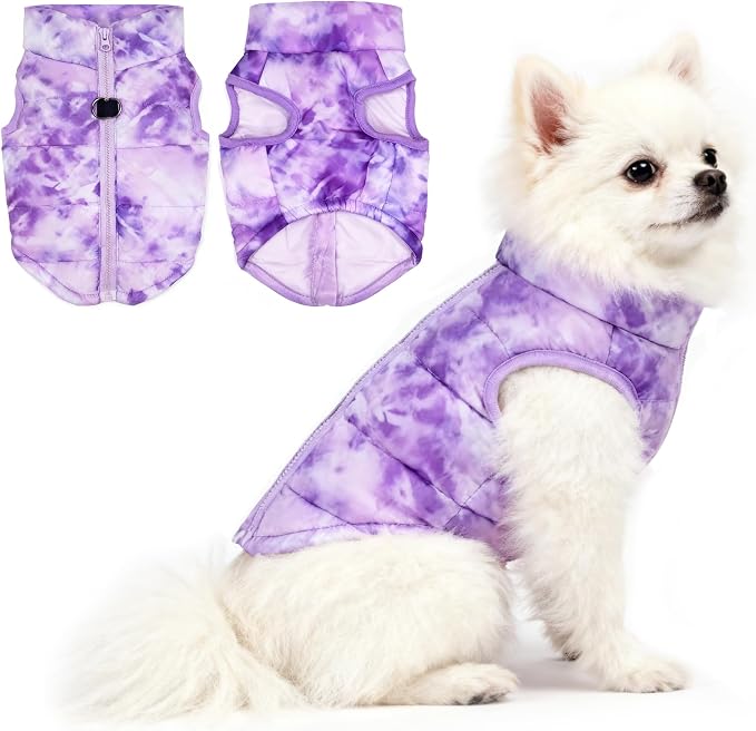 Idepet Pet Dog Cat Coat with Leash Anchor Color Patchwork Padded Puppy Vest Jacket Teddy Chihuahua Costumes Pug Cloth XS S M L(XX-Large,Purple Tie-dye)