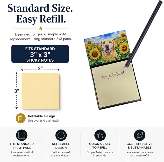 Caroline's Treasures Labrador Retriever in Sunflowers Watercolor Sticky Note Holder Refillable Dispenser Desk Accessory 3x3 Pad Gift