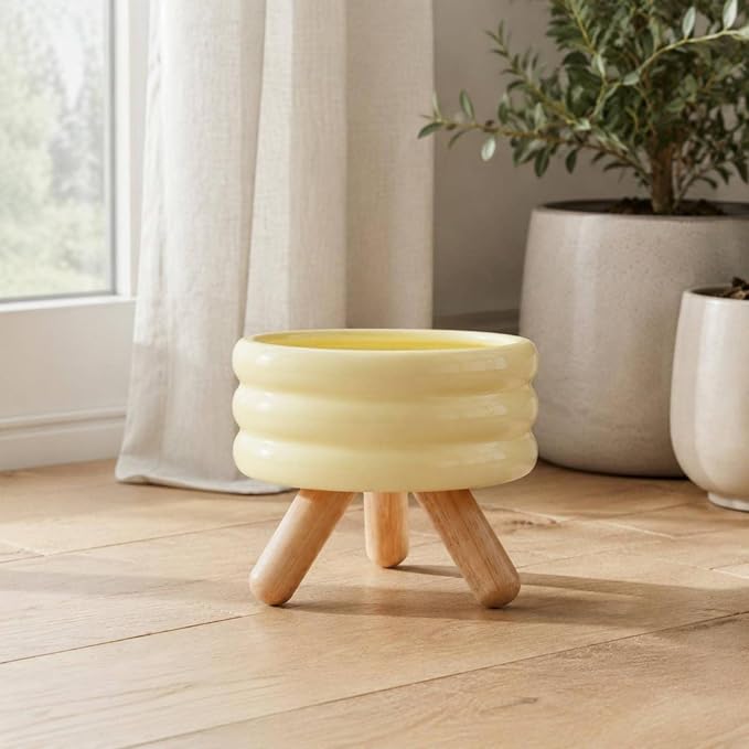 Industrial Dish Elevated Pet Feeding Stand Ceramic Bowl Wood Frame Stable Non Skid Neck Support Comfort Mealtime Organizer Suitable for Cats Dogs Home, White