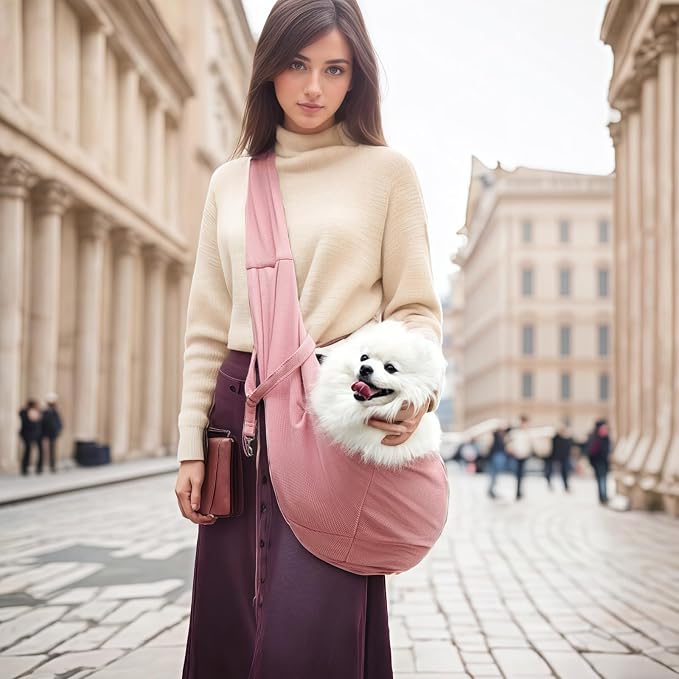 Dog Sling Carrier Soft Breathable for Small Dogs Cats 3-12 lbs,Pink | Cat sling & dog carrier sling with safety tether, organizer pocket, soft fabric. Perfect for travel, hiking,outdoor
