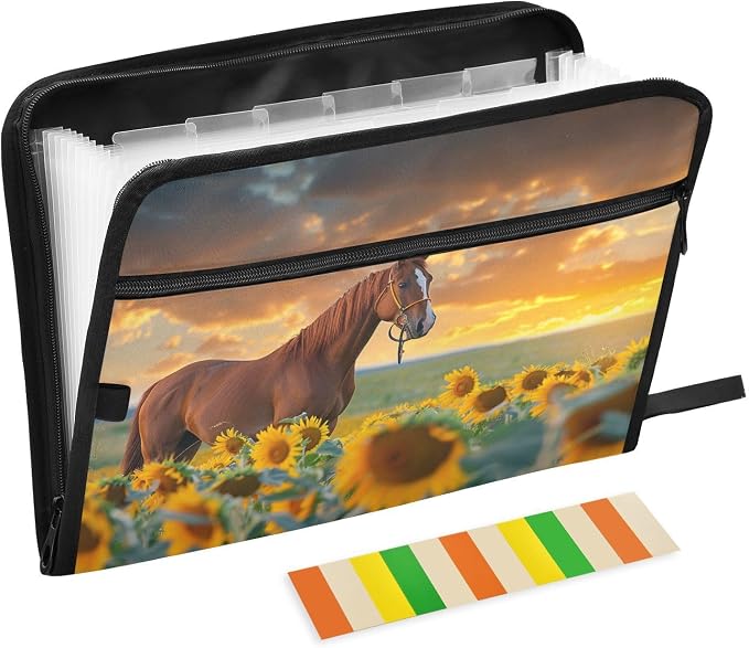 13 Pocket Zipper Expanding File Folder A4 Sunflower Horse | Accordion File Organizer with Front Pouch A4 Letter Size Portable Folders for Documents Receipt School Office Supplies