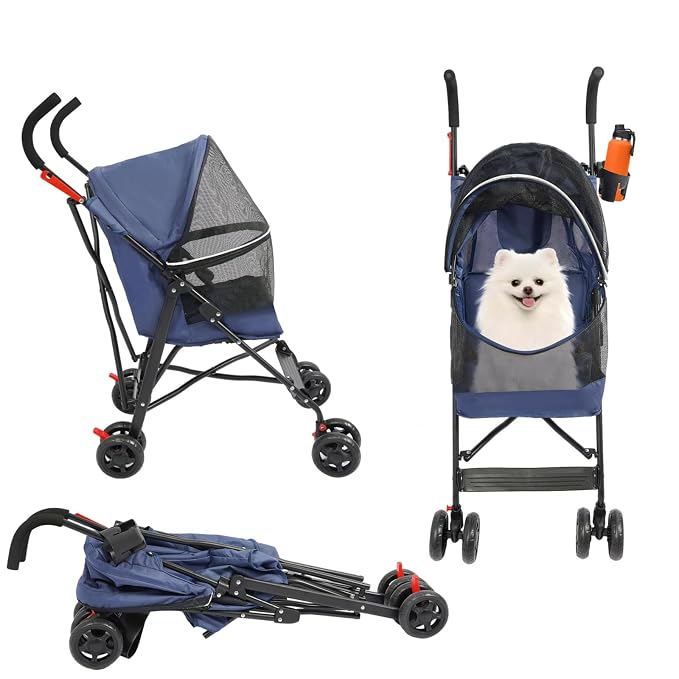 2 Wheels Pet Stroller, Foldable Pet Strolling Cart with Storage Basket and Cup Holder, Puppy Kitty Stroller with Weather Cover, Travel Gear for Medium Small Dogs and Cats Under 22lbs (Blue)