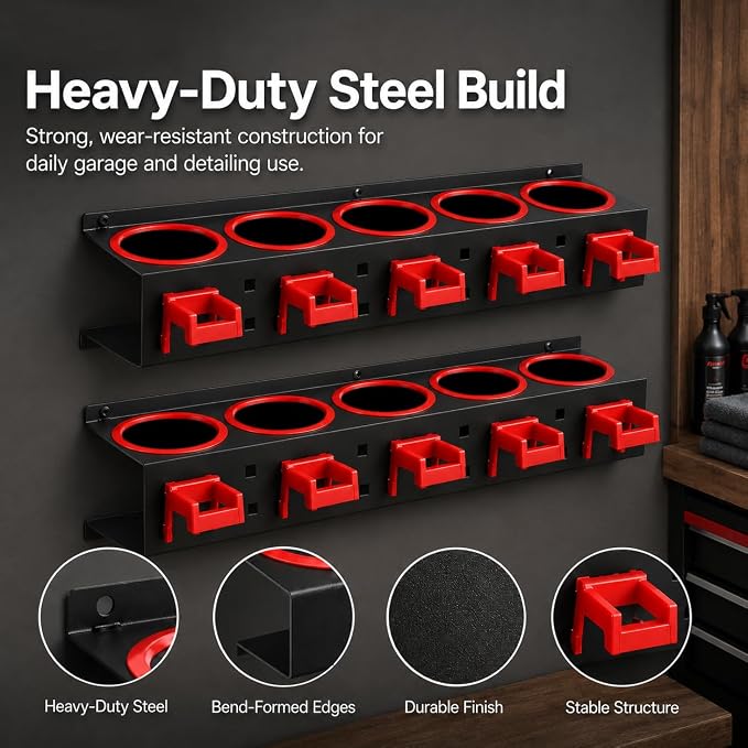Spray Bottle Holder Wall Mount:2 Pack Heavy Duty Metal Spray Bottle Rack with 5 Holes & 5 Hooks, Car Detailing Organizer for Garage, Workshop, Cleaning Tools