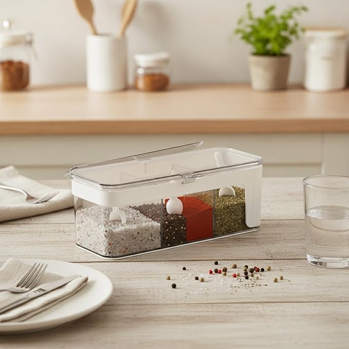 Fits Kitchen Countertops: 4-Section Spice Organizer, Durable PET Plastic Seasoning Caddy for Salt, Pepper, and Dry Herbs, Compact 13-Inch Storage Box