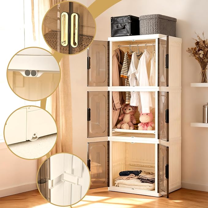 Portable Wardrobe Closet Pet, Pet Collapsible Clothes Storage Organizer | 3 Layer White Plastic Foldable Pet Wardrobe Cabinet with Doors & Wheels
