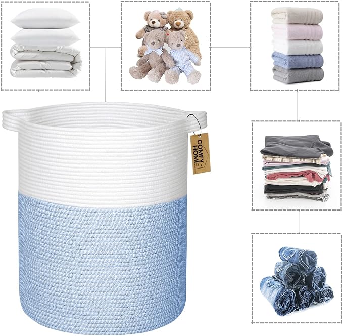 COMFY-HOMI XXL Large Laundry Basket with Handles Blanket Baskets Living Room|Woven Cotton Rope Decorative Basket Laundry Hamper Baby Basket Nursery Dog Toy Storage Organizer Bin-16”x18”-White/Blue