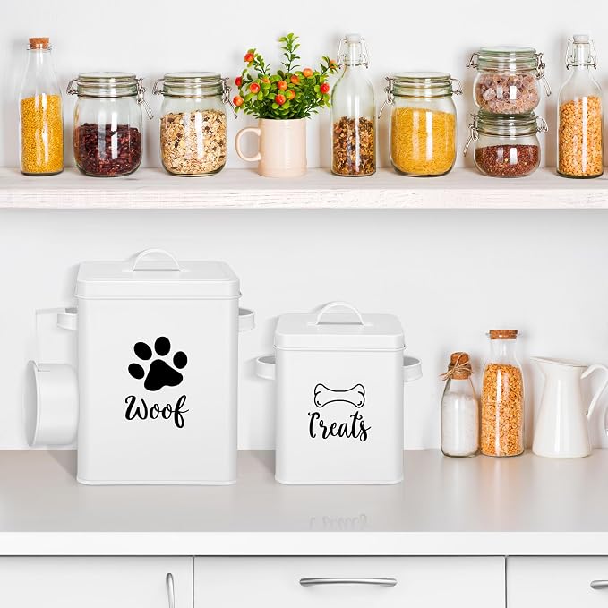 Teenyyou 2 Pcs Metal Dog Treat Containers with Airtight Lids and Spoon 7+3 Lbs Dog Food Snack Jars with DIY Labels Big Pet Cookie Storage Jar for Kitchen Counter (White)
