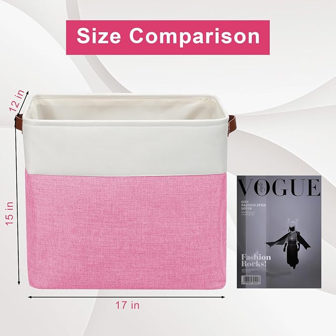Bagnizer Large Fabric Storage Baskets | 50L Storage Bins, Decorative Linen Closet Baskets with Handles for Organizing, Shelf, Toys, Clothes, Home, Office, Nursery, 17x12x15Inches (Pink&White)