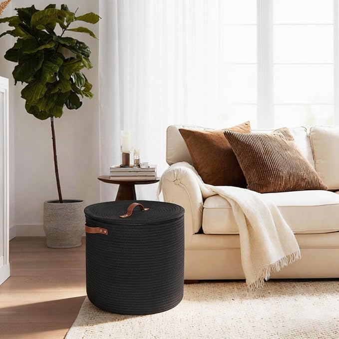 Storage Basket with Lid, 15"x13" Round Woven Blanket Storage for Living Room, Decorative Cotton Rope Hamper with Zipper Top, Black Laundry Basket with Lid, Floor Covered Kids Dog Toy Bin Box